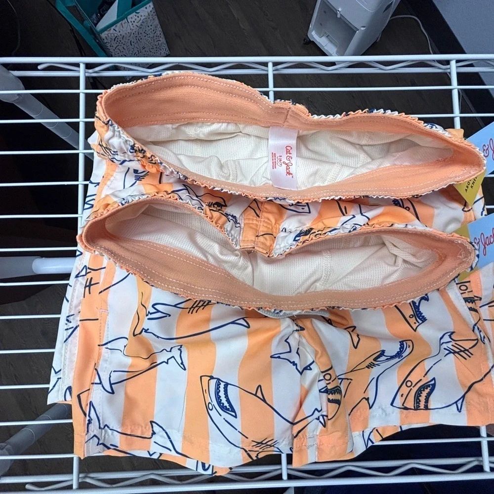 NWT Cat & Jack Irish Twin 4/5yo & 6/7yo JAWS Orange & White Striped Swim Shorts